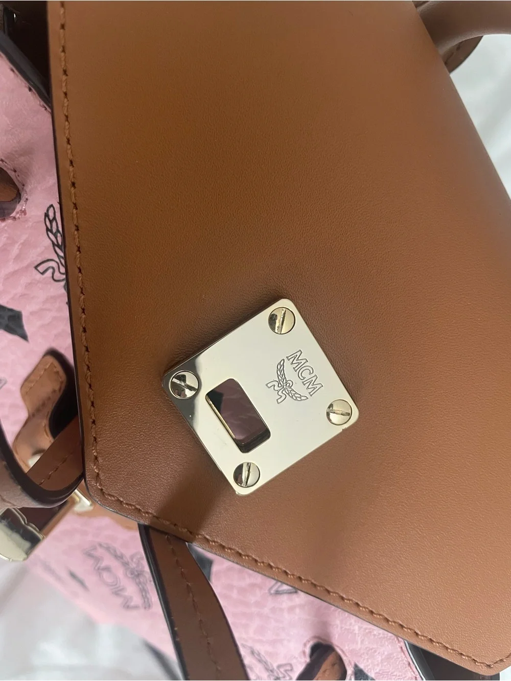 MCM MFO Colorblock Pink Coated Canvas with Tan Leather Backpack